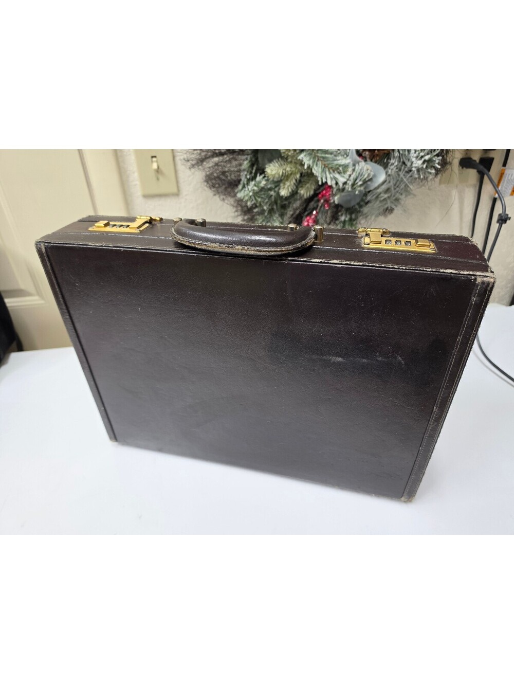 Vintage 1970s Dark Brown Leather Hard Attache Briefcase Amiet Combination Locks